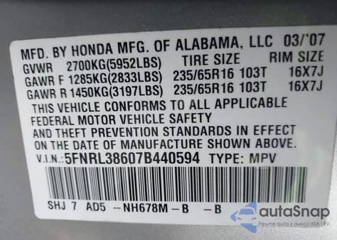 2007 Honda Odyssey Exl z USA, uszkodzony, nr VIN 5FNRL38607B440594